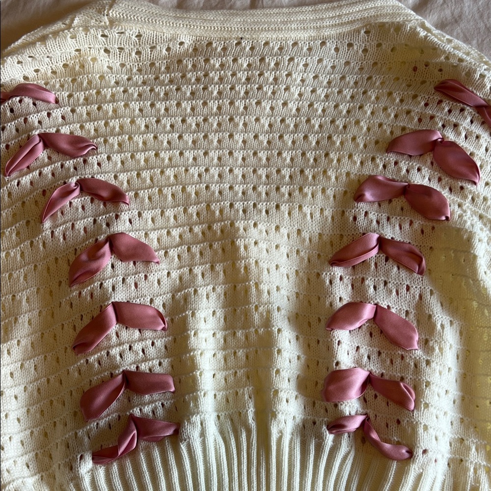 Elegant Cream Cardigan with Pink Ribbon Accents - Picture 9 of 9